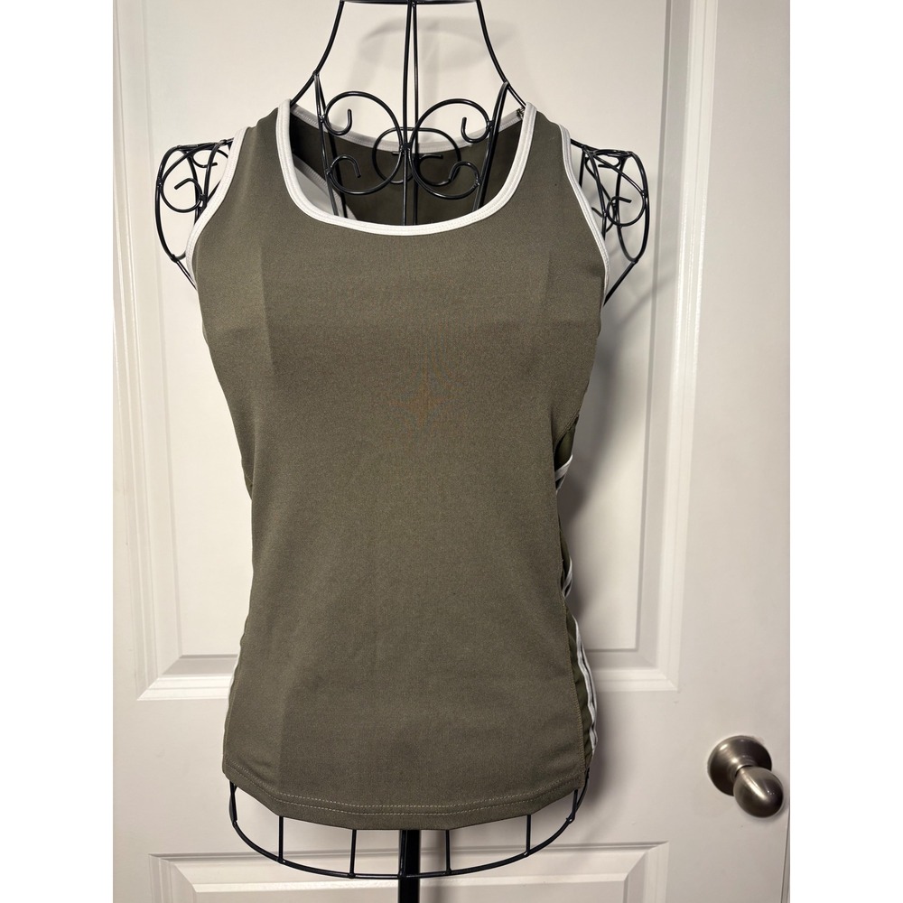 Olive Green Racerback Athletic Tank Topโ White Side Stripes Ruched S/M